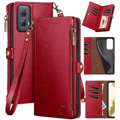 XcaseBar for Motorola Moto G Power 5G 2024 Wallet case with Zipper Credit Card Holder【RFID Blocking】,Flip Folio Book PU Leather Phone case Shockproof Cover Women Men for Power 5G 2024 case Red - color: Red