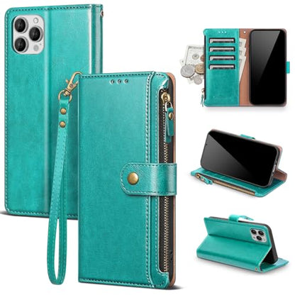 Compatible with iPhone 13 Pro Max Wallet Case with Card Holder RFID Blocking Zipper PU Leather Flip Phone Case with Wrist Strap Credit Card Slots Men Women,for Apple 13 Pro Max,Blue Green - color: Blue Green, size: iPhone 13 Pro Max - 6.7