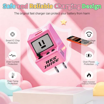 Aolcev for iPhone Charger 2 in 1 Dual USB A USB C Charger Block Retro 30W - color: Rose Pink