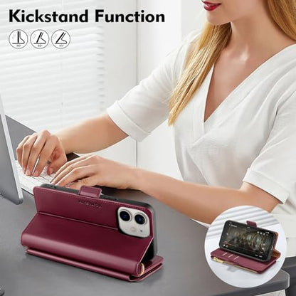 Antsturdy Compatible with iPhone 12 Wallet Case,RFID Blocking PU Leather Phone Case Women Men Kickstand Flip Cover Wrist Strap Zipper Credit Card Holder Slots,for Apple 12 Pro 6.1",Wine Red | RFID Blocking,with Credit Card Holder Slots,PU Leather Purse,Zi