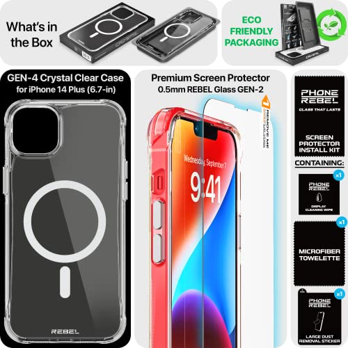 REBEL Clear Case for iPhone 14 Plus [Crystal Series Gen-4] Strong MagSafe Compatible, Anti-Scratch, Non-Yellowing, Protective Shockproof Bumpers, Metal Buttons, 6.7 Inch Phone 2023 (Crystal Clear) - color: Crystal Clear, size: iPhone 14 Plus