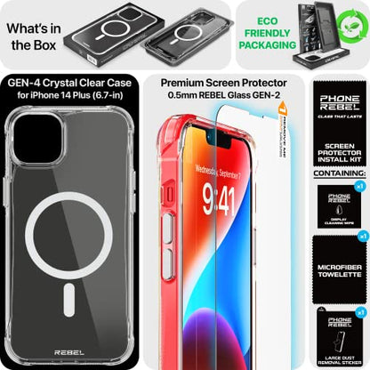 REBEL Clear Case for iPhone 14 Plus [Crystal Series Gen-4] Strong MagSafe Compatible, Anti-Scratch, Non-Yellowing, Protective Shockproof Bumpers, Metal Buttons, 6.7 Inch Phone 2023 (Crystal Clear) - color: Crystal Clear, size: iPhone 14 Plus