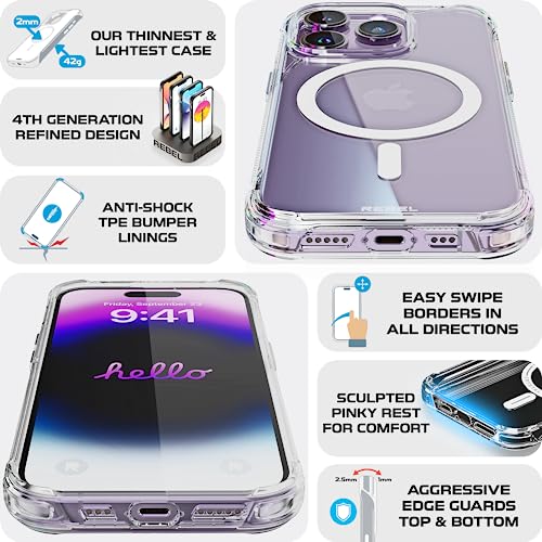 REBEL Clear Case for iPhone 14 Pro [Crystal Series Gen-4] Strong MagSafe Compatible, Anti-Scratch, Non-Yellowing, Protective Shockproof Bumpers, Metal Buttons, 6.1 Inch Phone 2023 (Crystal Clear) - color: Crystal Clear, size: iPhone 14 Pro