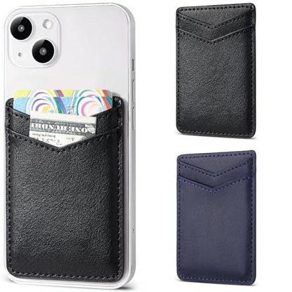 Fulgamo 2Pack Phone Wallet Stick On,Leather Phone Card Holder for Back of Phone Case,Sticky Adhesive Credit Card Pocket RFID iPhone and Android-Black,Navy Blue - color: Black V,Navy Blue V