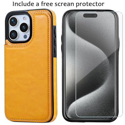 Wallet Case Compatible with iPhone 15 Pro Max(6.7"),Slim Protective Card Holder case with 1 Screen Protector,Premium PU Leather Kickstand Card Slots Case-Yellow - color: Yellow