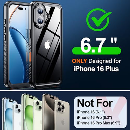 MOZOTER for iPhone 16 Plus Case Waterproof with Clear Sound | [IPX8 Underwater Case][Full Body Shockproof & Dropproof]Built-in Screen Protector for iPhone 16 Plus 6.7 inch-Black - size: For iPhone 16 Plus-6.7 inch