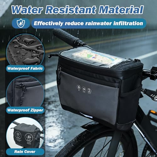 Bike Handlebar Bag with Rain Cover, Bicycle Front Phone Bag with Touch Screen, Adjustable Shoulder Waterproof Dual Zippers Insulated Basket Bag for Mountain Road Bike, Cycling Accessories