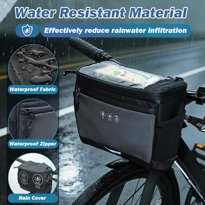 Bike Handlebar Bag with Rain Cover, Bicycle Front Phone Bag with Touch Screen, Adjustable Shoulder Waterproof Dual Zippers Insulated Basket Bag for Mountain Road Bike, Cycling Accessories