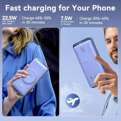 Magnetic 10000mAh Portable Charger for iWatch & iPhone, PD Fast Charging Wireless Power Bank Built-in Cables and Wall Plug, External Travel Battery Pack Compatible with iOS Android Phones - color: Blue