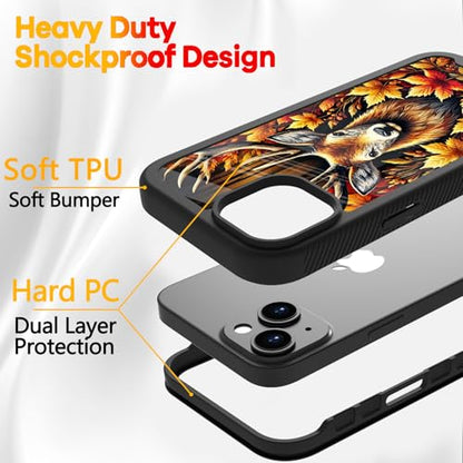 Compatible with iPhone 14 / iPhone 13 Case – Rugged Full-Body Protective Cover for Women Men Dual Layer Shockproof Bumper, Heavy-Duty Phone Case - Deer Fall Maple Leaf 099 - color: Deer Fall Maple Leaf 099