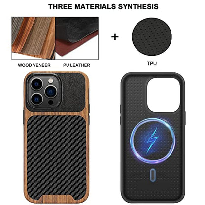 TENDLIN Magnetic Case Compatible with iPhone 14 Pro Case Wood Grain with Carbon Fiber Texture Design Leather Hybrid Slim Cover (Compatible with MagSafe) - color: Magnetic Black, size: iPhone 14 Pro