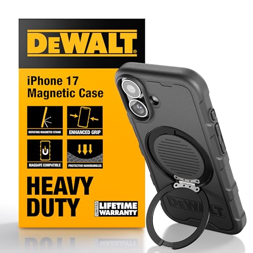 DEWALT Compatible iPhone 17 Magnetic Case with Stand, Rugged Shockproof Cover w/ 360° Rotatable Ring Holder, Compatible with MagSafe iPhone 17 Case Kickstand, Heavy-Duty Protective Black - size: iPhone 17