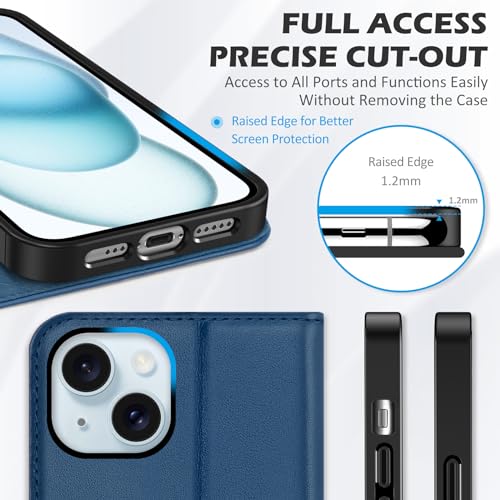 SHIELDON Genuine Leather Case Wallet for iPhone 15 6.1" 2023, Royal Blue | Folio Magnetic Closure, RFID Blocking, Credit Card Holder, Kickstand, Shock Absorbing Protective Cover - color: Royal Blue