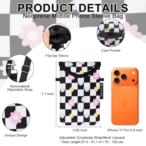 Flap Closure Secure Cell Phone Bag with Card Pocket for iPhone & Samsung - color: Checkerboard&Daisy