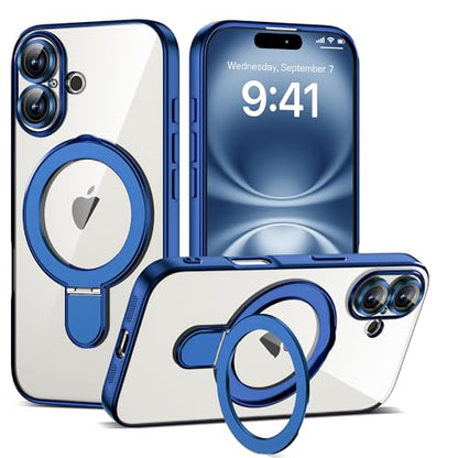 Plating Clear Phone Case for iPhone 16 with Stand 6.1", Blue - color: Blue, size: Iphone 16