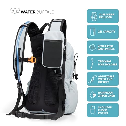 Water Buffalo Sherpa 22L Hiking Hydration Backpack, 2L Bladder | Hiking Backpack with Water Bladder, Waterproof Zippers, Phone Compartment, Trekking Pole Holders, Padded Straps - color: Flint