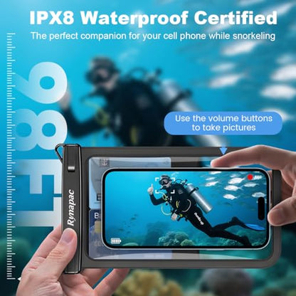 Rynapac Large Waterproof Phone Pouch [Up to 8.5"] - 2 Pack IPX8 Waterproof Phone Case for iPhone 17 16 15 Pro Max Galaxy S26 Ultra, Touchscreen & Underwater Photography, Beach Cruise Essentials 2026 - color: [(Clear)Black+Black] Large Waterproof Phone Pou