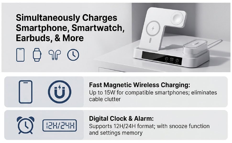 ASHATA 4 in 1 Wireless Charging Station 3 in 1 Stand with Digital Alarm Clock 7 Color Night Light for Phone Watch Earbuds (White) - color: White