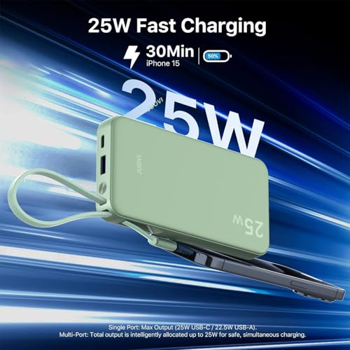 JUOVI 25W Portable Charger 10000mah Power Bank Built-in USB-C Cable - color: Green