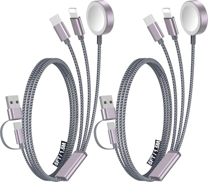 2Pack Travel Essentials for Apple Watch Charger,3-in-2 Multi Charging Cable - color: Gray, size: 2Pack-5 FT