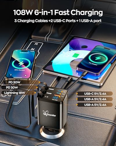 DreamBee Retractable Car Charger,108W 6 in 1 Super Fast Car Phone Charger with 3 Cords 31.5INCH, USB C Car Charger Adapter for iPhone 18/17/16/15/14/13 Pro Max XR,iPad,Samsung