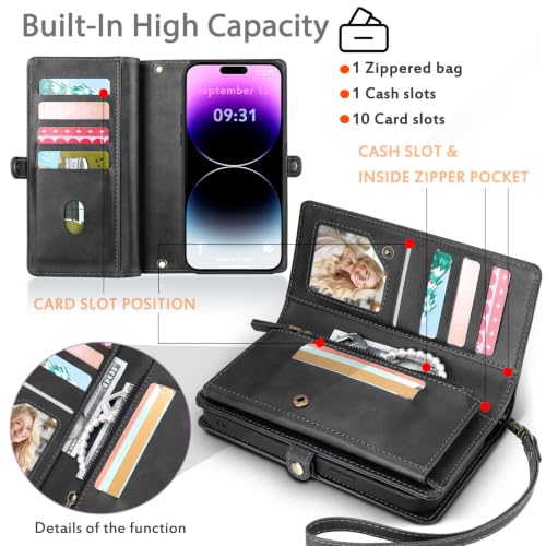 for Wallet Case Compatible with iPhone 14 Pro Max,Multi-Function Detachable 2 in 1 Magnetic iPhone 14ProMax Case Wallet,Flip Strap Zipper Card Holder Phone Case with Shoulder Strap(Darkgray) - color: DarkGray, size: iPhone 14 pro max