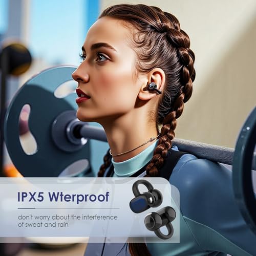 Open Ear Ring True Open Ear Headphones, Lightweight Comfort Open Ear Clip Wireless Earbuds, 40H Play Bluetooth 5.4 Headphones with Smart Digital Display Design Fit Sports Running, Workout Black