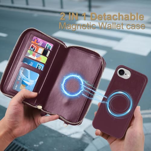 Harryshell Compatible with iPhone 16e 17e Case Wallet Multi Zipper Detachable Removable Cover with RFID Blocking Card Slots Holder Mirror Crossbody Strap (Compatible with Magsafe - Quilted Burgundy) - color: Compatible with Magsafe - Quilted Burgundy, siz