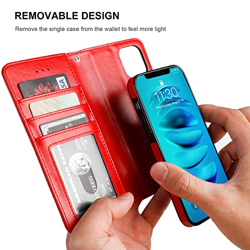 Bocasal Detachable Wallet Case Card Holder for iPhone 14, Red | RFID Blocking Kickstand Card Slots Holder PU Leather Magnetic Shockproof Wrist Strap Removable Flip Protective Cover 6.1 inch - color: Red