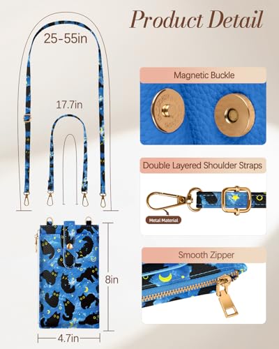 Miss Adola RFID Cell Phone Purse Crossbody Bag for Women | RFID Blocking, Card Slots, Dual Straps, Leather Phone Wallet, Magnetic Buckle, Smooth Zipper, Crossbody Purse for Daily Use - color: Blue Moon Cat
