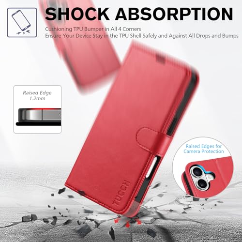 TUCCH Wallet Case for iPhone 17 (6.3") 2025, 4 Card Slots, Red | RFID Blocking, Viewing Stand, Shockproof TPU Shell, PU Leather, Magnetic Closure, Protective Folio Flip Cover - color: Red