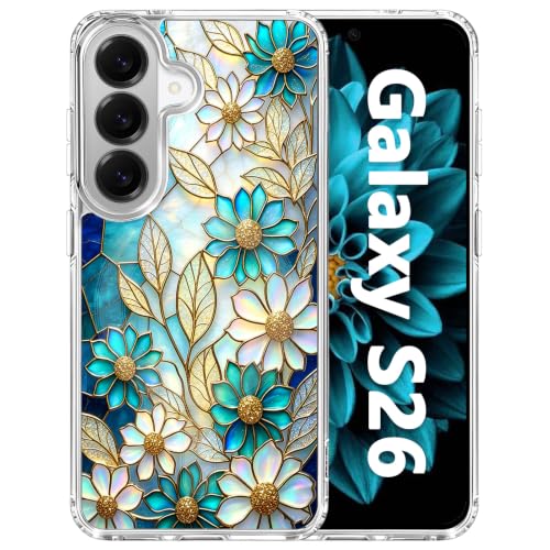 for Samsung Galaxy S26 Magnetic Case【Compatible with MagSafe】 Aesthetic Vintage Stained Glass Flower Design, Slim Fit Hard PC Back Shockproof Clear Phone Cover, Blue Glazed Flower - color: Blue Glazed Flower, size: Galaxy S26