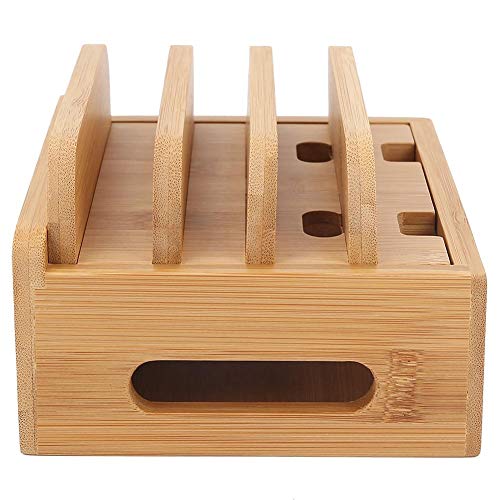Oumefar Bamboo Multi-Device Stand Holder Charging Station Phone Tablet Charger Organizer 4 in 1 Charging Station for Multiple Devices for Meeting Rooms Restaurants Hotels and Homes