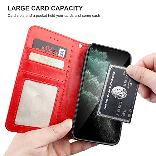 Bocasal Detachable Wallet Case Card Holder for iPhone 11, Red | Kickstand Card Slots Holder PU Leather Magnetic Shockproof Wrist Strap Removable Flip Protective Cover 6.1 inch - color: Red