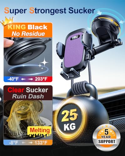 YRU True Military-Grade [360° Rotation Suction] 2026 Ultimate Car Phone Holder Mount 【90+LBS Safest Strongest & Patent Certs】 Dashboard Windshield Vent for iPhone 18 Pro Max Samsung Webcam, Purple - color: Purple
