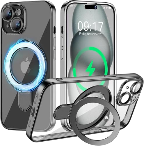 Magnetic for iPhone 15 Case with Invisible Stand[Compatible with MagSafe][Full Camera Lens Protector][Military Drop Protection] Shockproof Not Yellowing Clear Slim Soft for Women Men - color: Black, size: iPhone 15