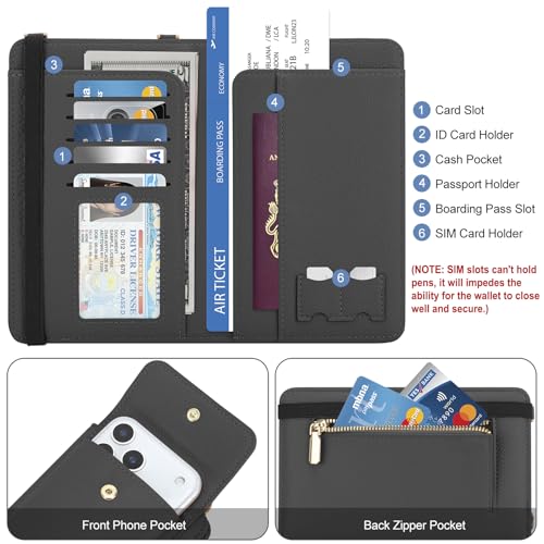 DOB SECHS Leather Passport Wallet Crossbody Phone Bag, RFID Blocking Passport Holder Credit Cards Case for Women - color: Black-2