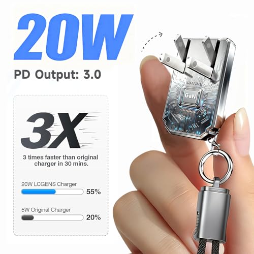 USB C Charger for iPhone 16/15 Charger Fast Charging, GaN Keychain Design Fast Wall Charger Block with 2 Pack USB C to C & C to Lightning Cable, Foldable and Compact for iPhone 17/16/15, iPad(Gray) - color: Silvery