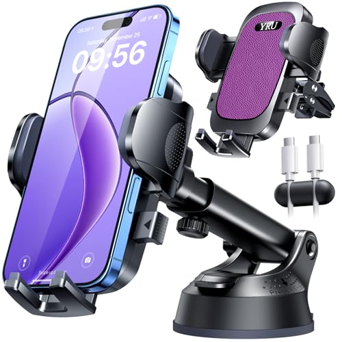 YRU【True Military-Grade Safety & Patent Certs 360°Rotation Car Phone Holder【100+LBS Strong Suction & Clip】 Windshield Dash Vent Cell Phone Mount Cradle for iPhone17 16 Pro Max Truck Samsung, Purple - color: Purple