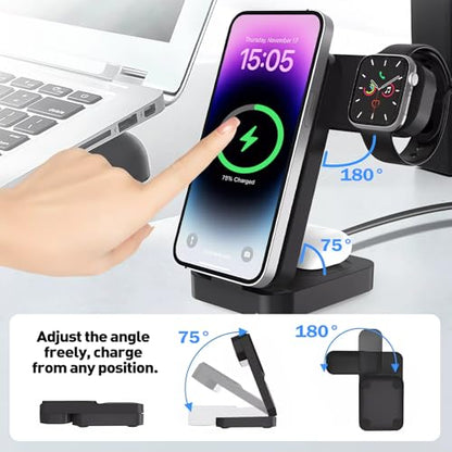 3in1 Charging Station for Apple - Foldable Wireless Charger Stand for MagSafe Portable, Travel Wireless Charger Station for Multiple Devices for iPhone 16, 15, 14, 13, Apple Watch, AirPods S1BLACK