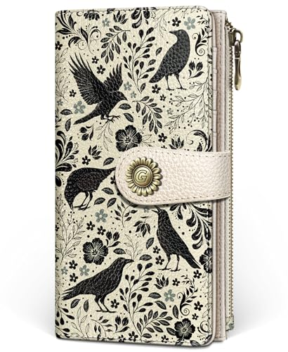 GIANCOMICS Crow Womens Wallet RFID Blocking, Goth Credit Card Holder Bifold | Billfold, Cute Cash Purse, Travel Zipper Coin Pocket, Compact Clutch, PU Leather, ID Window, 11 Card Slots, Ladies Gift Woman - color: Crow