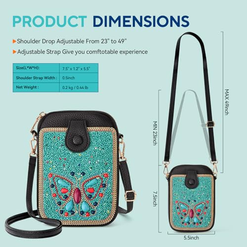 Women's Small Crossbody Cell Phone Bag, Boho Colorful Beaded Purse Wallet with Handmade Cute Patterns - color: Butterfly-blue
