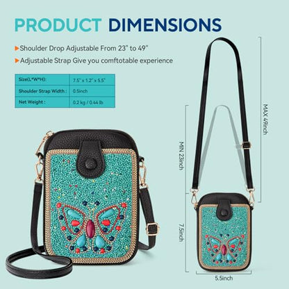 Women's Small Crossbody Cell Phone Bag, Boho Colorful Beaded Purse Wallet with Handmade Cute Patterns - color: Butterfly-blue