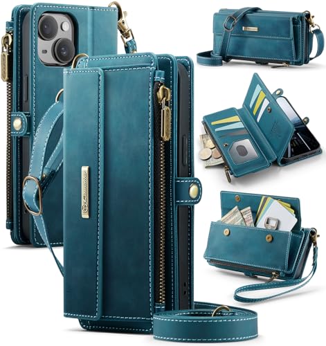 Wallet Case for iPhone 13 – RFID Blocking PU Leather Phone Case with Card Holder, Zipper Pocket, Kickstand, Magnetic Closure, Shoulder & Wrist Strap, Blue Green - color: Blue Green, size: iPhone 13