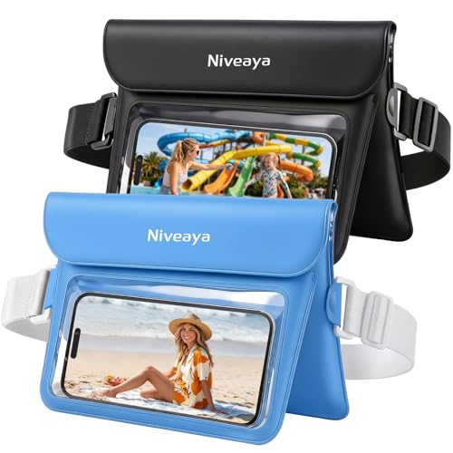 Niveaya Double Space Waterproof Fanny Pack, IPX8 Waterproof Dry Bag Waist Pouch for Beach, Kayaking, Swimming, Boat Travel Essentials, Waterproof Phone Bag & Passport Holder for Women Men(2 Pack) - color: Black+Blue
