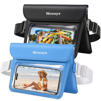 Niveaya Double Space Waterproof Fanny Pack, IPX8 Waterproof Dry Bag Waist Pouch for Beach, Kayaking, Swimming, Boat Travel Essentials, Waterproof Phone Bag & Passport Holder for Women Men(2 Pack) - color: Black+Blue