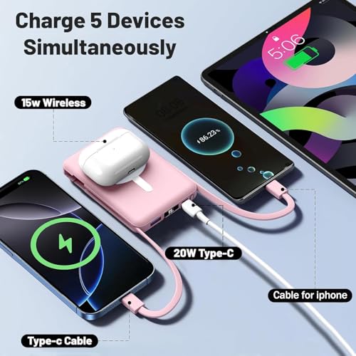 Azmuth for MagSafe Portable Charger, 10000mAh Magnetic Power Bank | 20W PD Fast Charging Magnetic Travel Charger with Dual USB-C LED Display for iPhone 17/16/15/14/13/12 Series - color: Pink