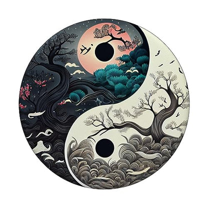 Yin Yang Day & Night Bonsai Cherry Blossom Sun Moon PopSockets Adhesive PopGrip - style: Adhesive PopGrip