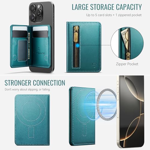 Strapurs Magnetic Card Holder Compatible with MagSafe Phones and Cases, PU Leather Phone Wallet for iPhone 17/16/15/14/13/12/Pro/Max/Plus/Air, 4 Card Slots RFID Blocking with Zipper Pocket,Bluegreen - color: Blue Green