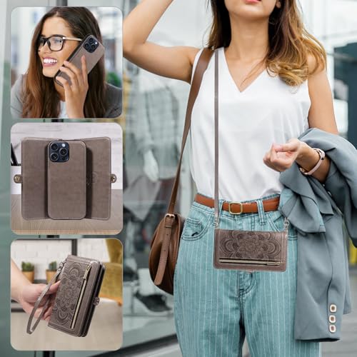 Asuwish Phone Case for iPhone 15 Pro 6.1 inch Zipper Wallet Magnetic Detachable Cell Cover with Tempered Glass Screen Protector Crossbody Strap Flower Credit Card Holder i Phone15 i15 15Pro Women Gray - color: Gray